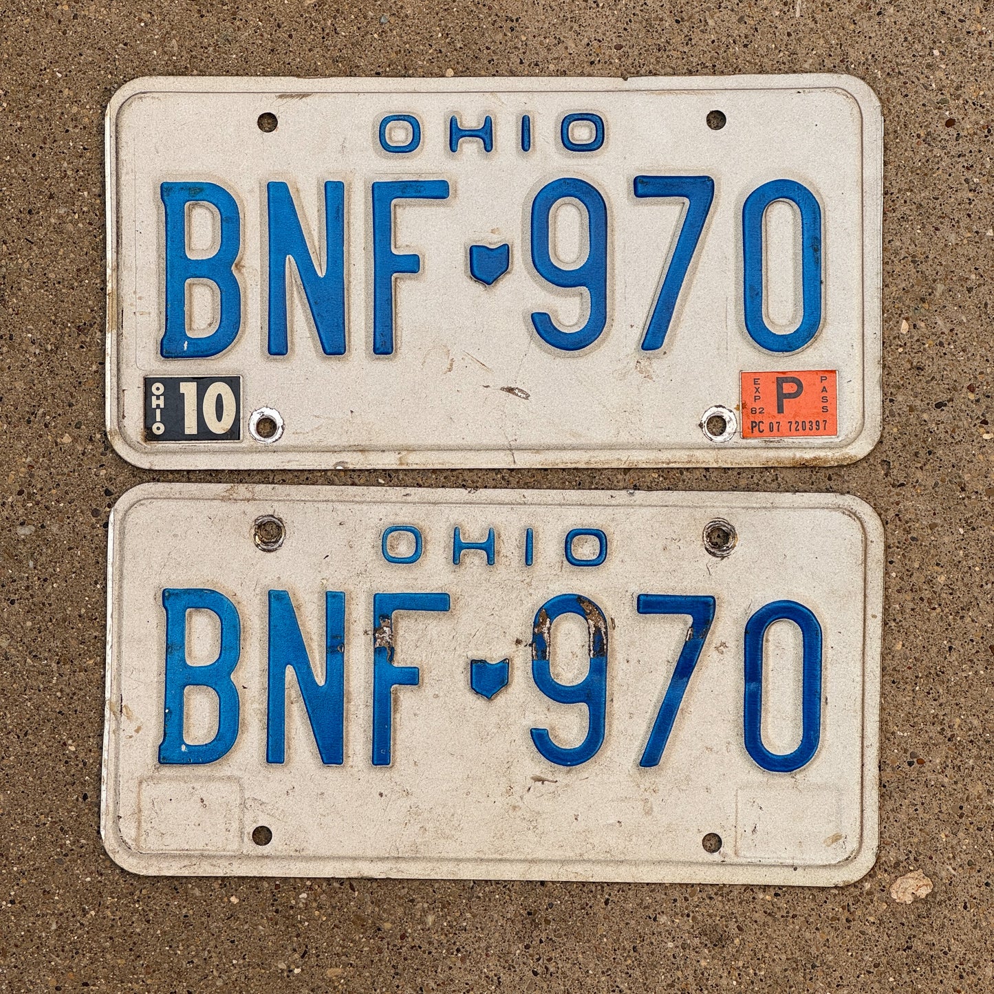Photo of a 1980 1982 Ohio License Plate Pair Auto Tag Garage Decor Vintage BNF 970 with original patina