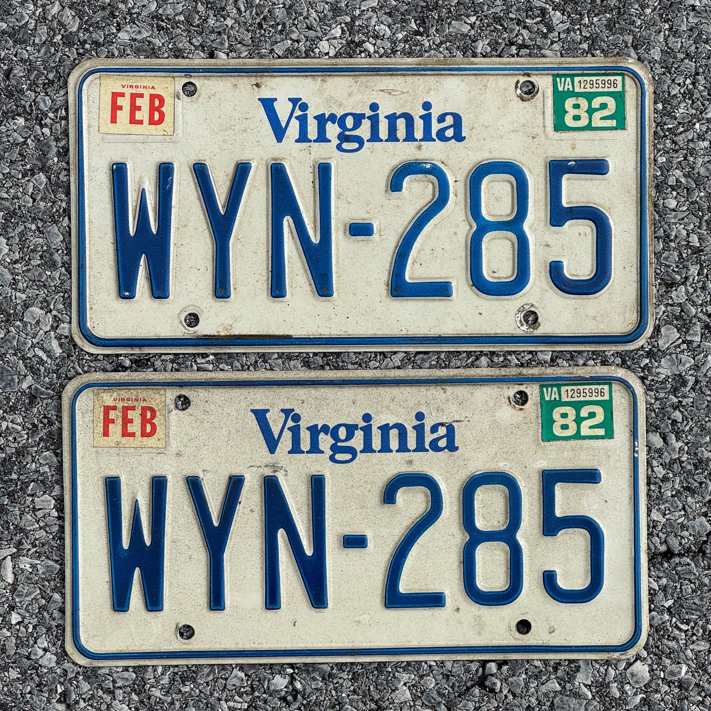 Photo of a 1980 1982 Virginia License Plate Pair Auto Tag Garage Decor Vintage WYN 285