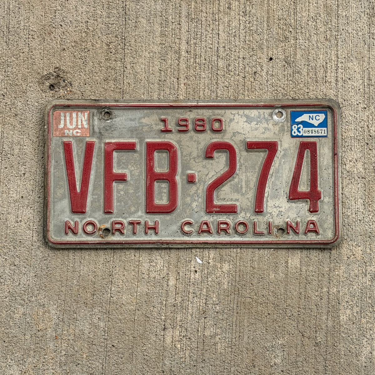 Photo of a 1980 1983 North Carolina License Plate Auto Tag Garage Decor Vintage VFB 274 with original patina