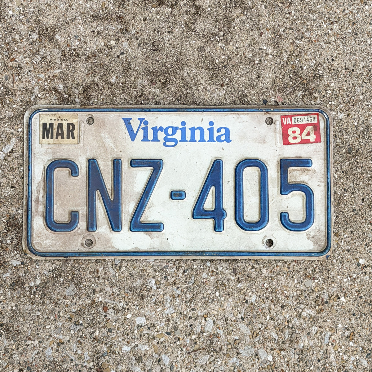 Photo of a 1980 1984 Virginia License Plate Auto Tag Garage Decor Vintage CNZ 405 with original patina