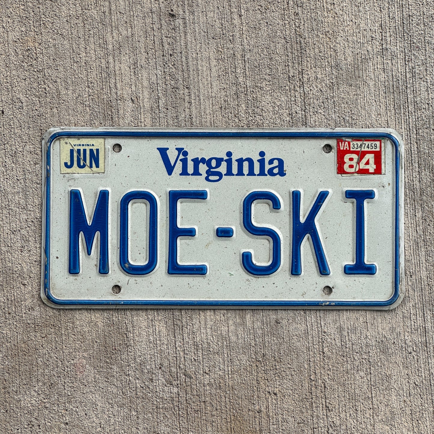 Photo of a 1980 1984 Virginia Vanity License Plate Auto Tag Garage Decor Vintage MOE SKI with original patina