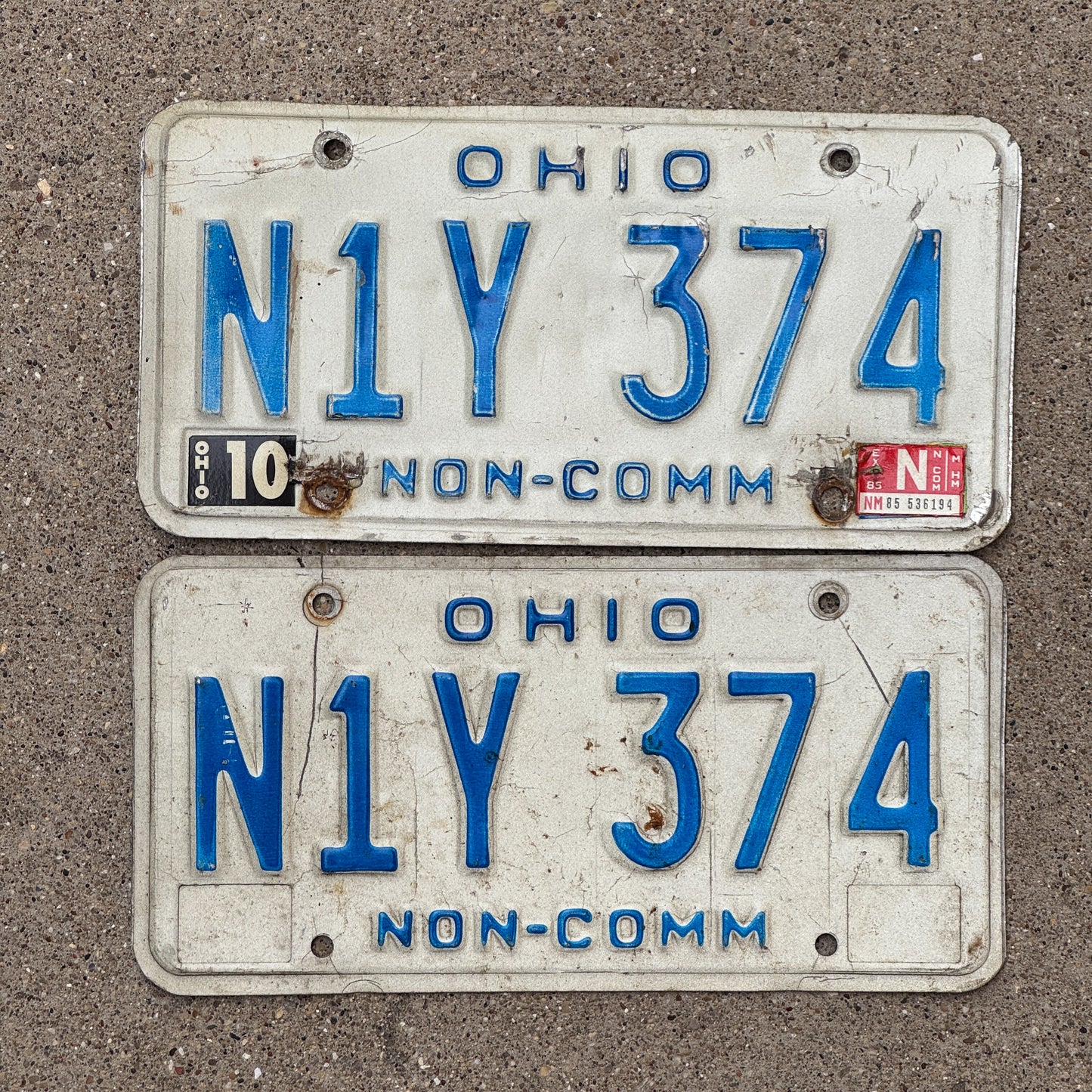 Photo of a 1980 1985 Ohio Truck License Plate Pair Auto Tag Garage Decor Vintage Non Commercial N1Y 374 with original patina