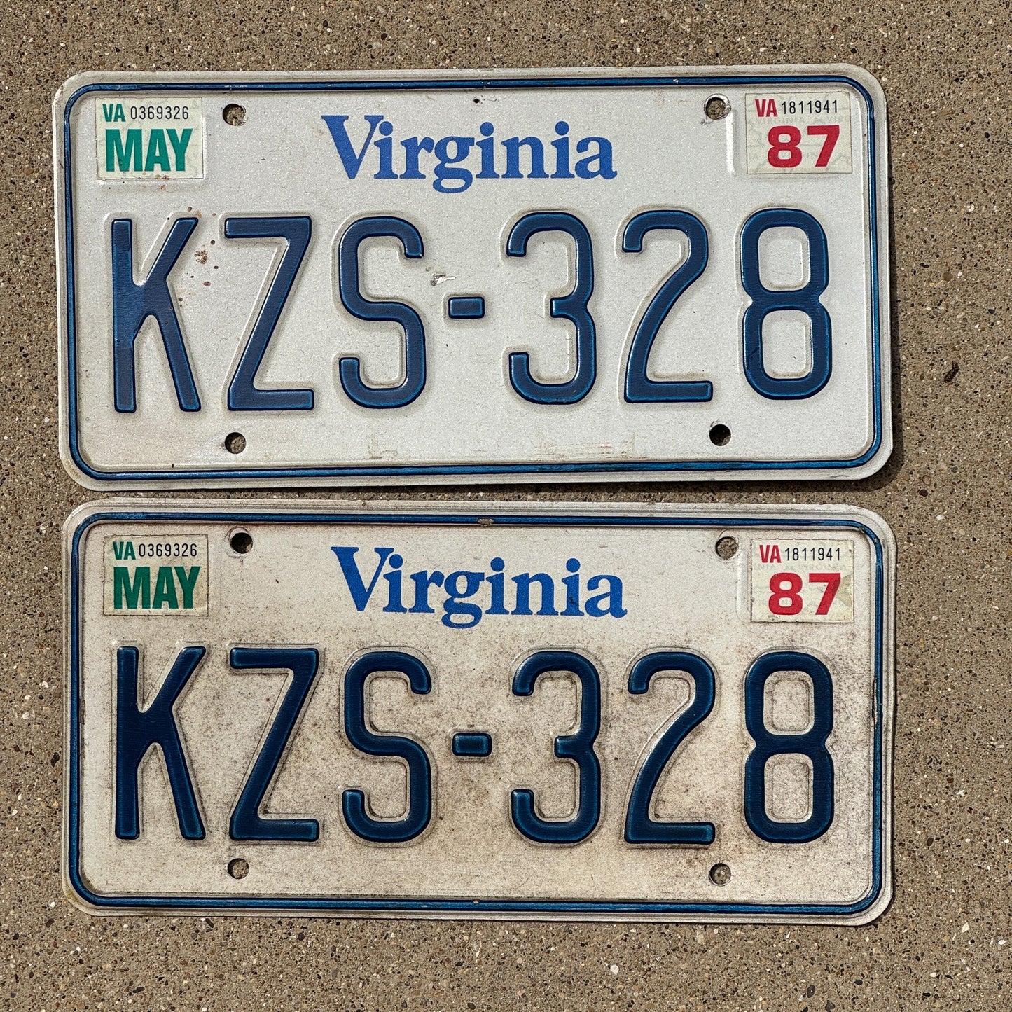 Photo of a 1980 1987 Virginia License Plate Pair Auto Tag Garage Decor Vintage KZS 328