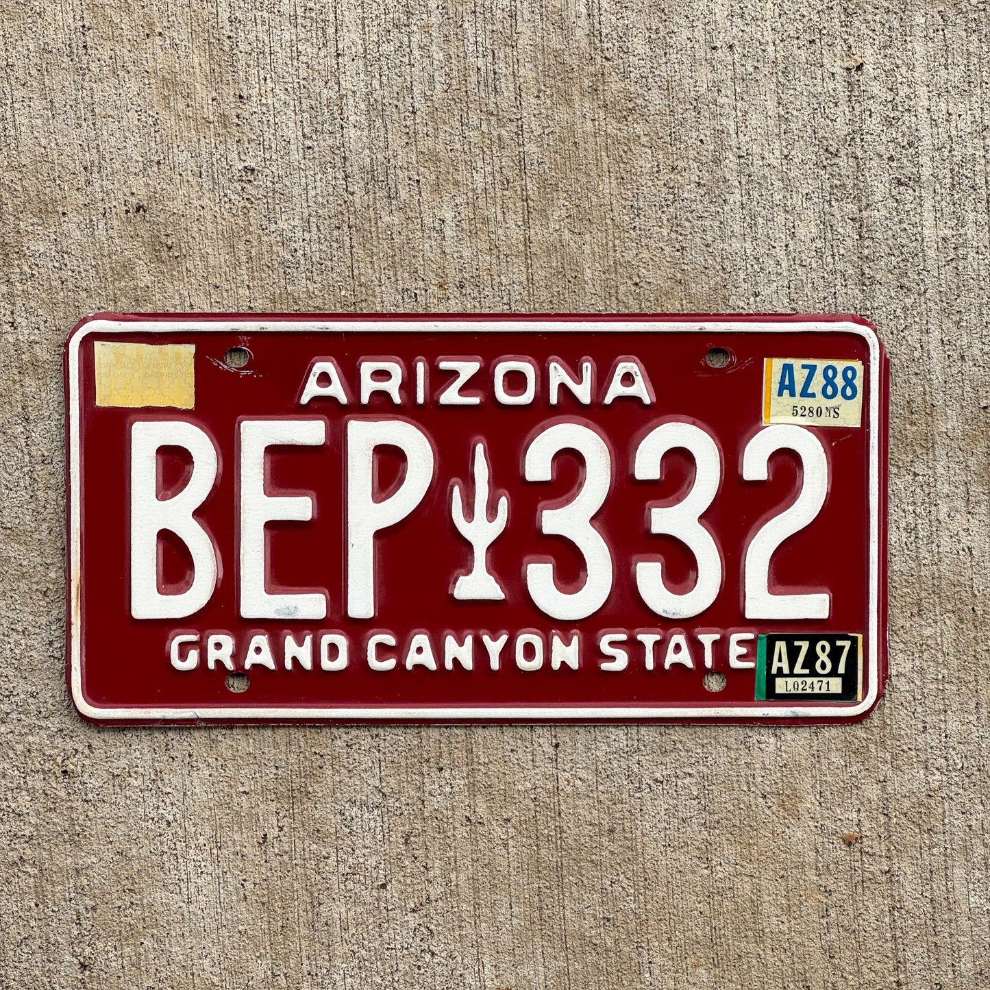 Photo of a 1980 1988 Arizona License Plate Auto Tag Garage Decor Vintage BEP 332 with original patina