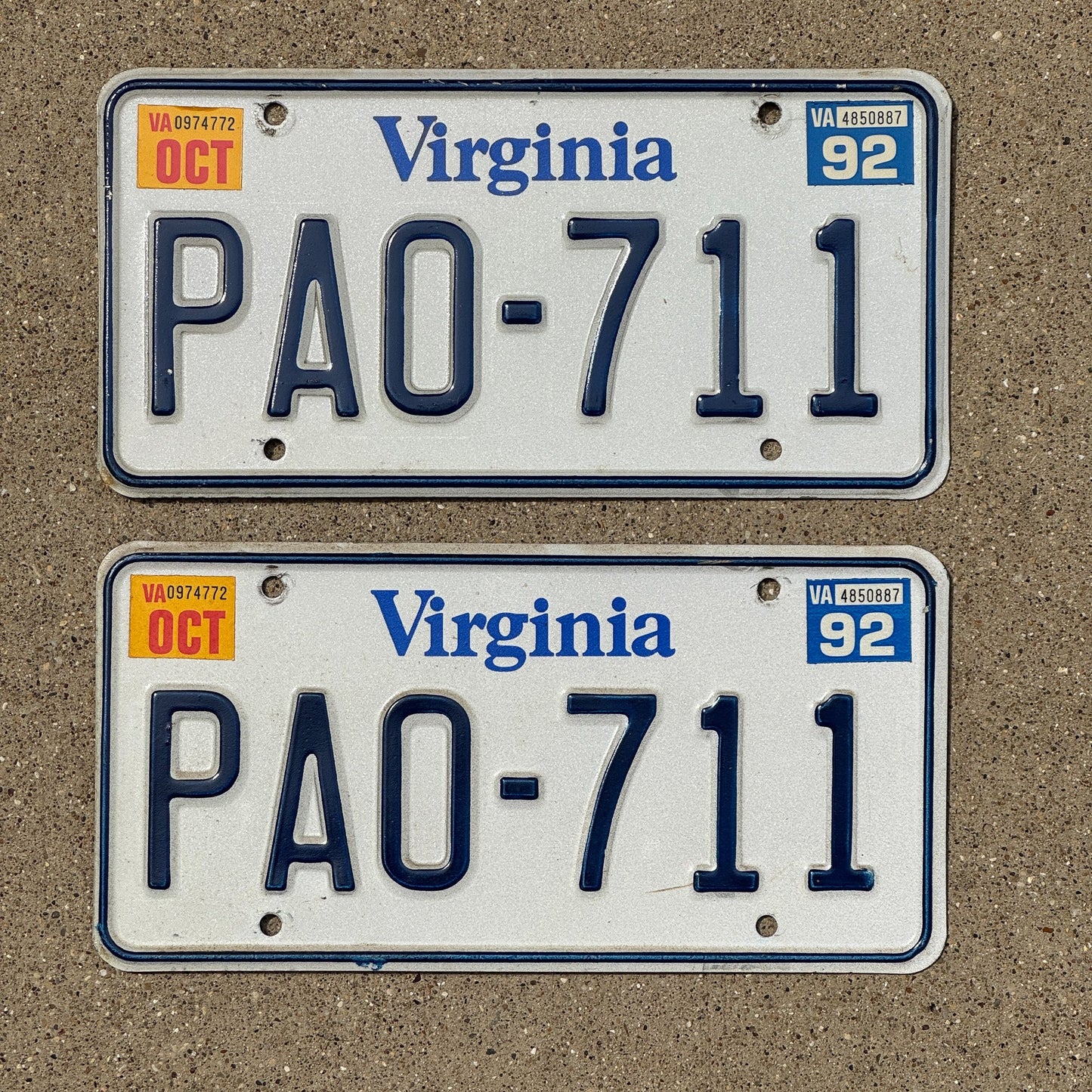 Photo of a 1980 1992 Virginia License Plate Pair Auto Tag Garage Decor Vintage PAO 711