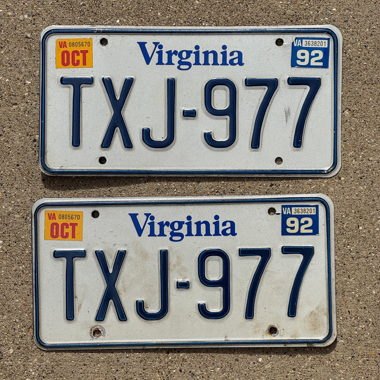 Photo of a 1980 1992 Virginia License Plate Pair Auto Tag Garage Decor Vintage TXJ 977