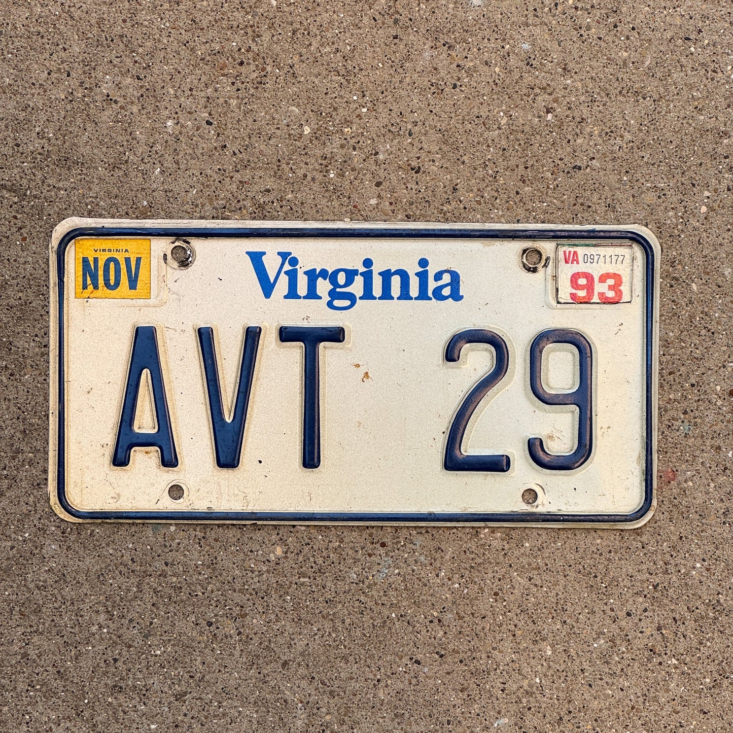 Photo of a 1980 1993 Virginia Vanity License Plate Auto Tag Garage Decor Vintage Initials Name AVT 29 with original patina