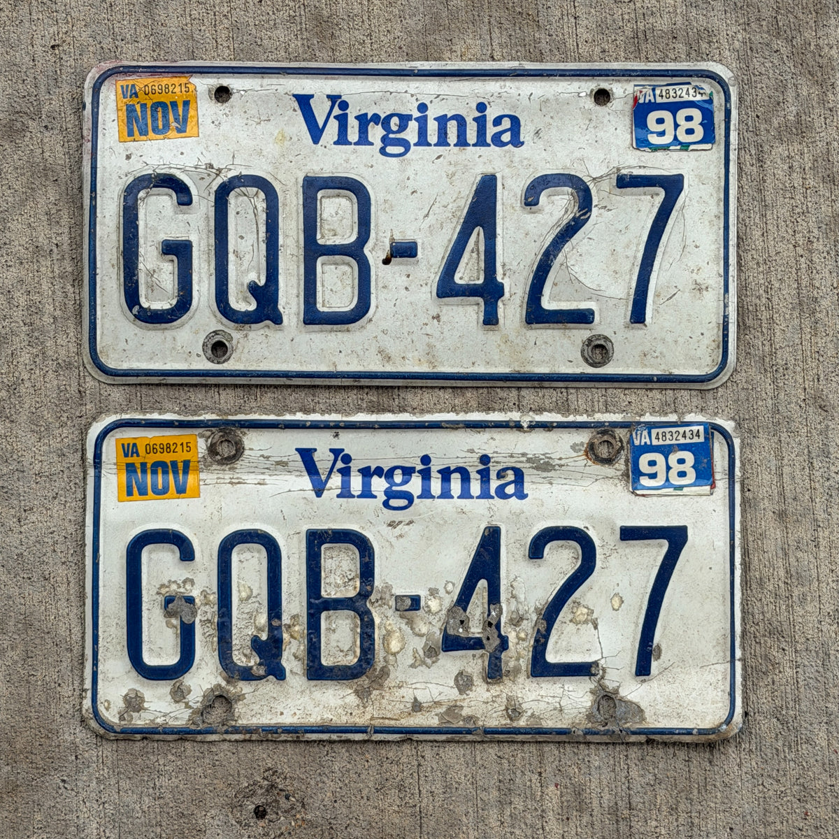 Photo of a 1980 1998 Virginia License Plate Pair Auto Tag Garage Decor Vintage GQB 427 with original patina