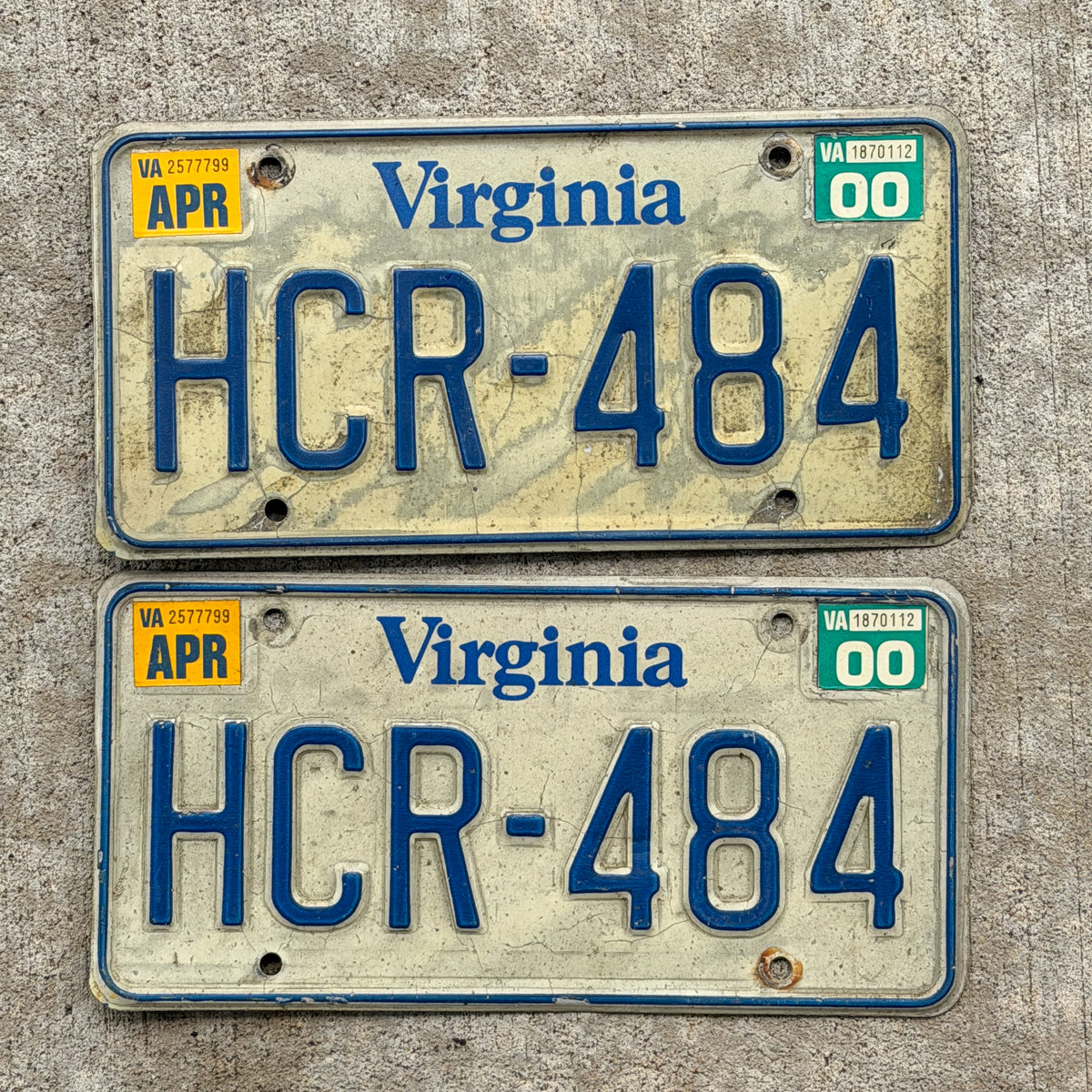 Photo of a 1980 2000 Virginia License Plate Pair Auto Tag Garage Decor Vintage HCR 484 with original patina