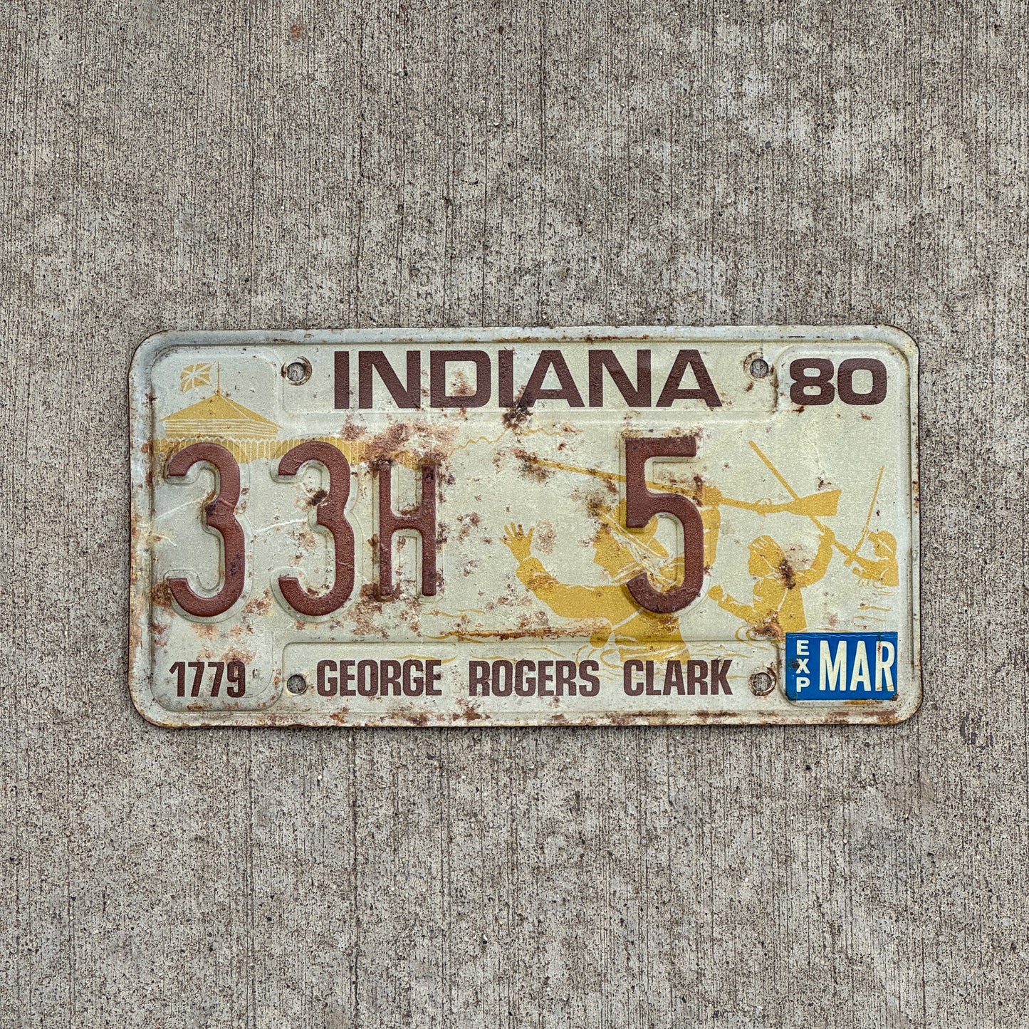 Photo of a 1980 Indiana License Plate Auto Tag Garage Decor Vintage Henry County Low Number 33 H 5 with original patina