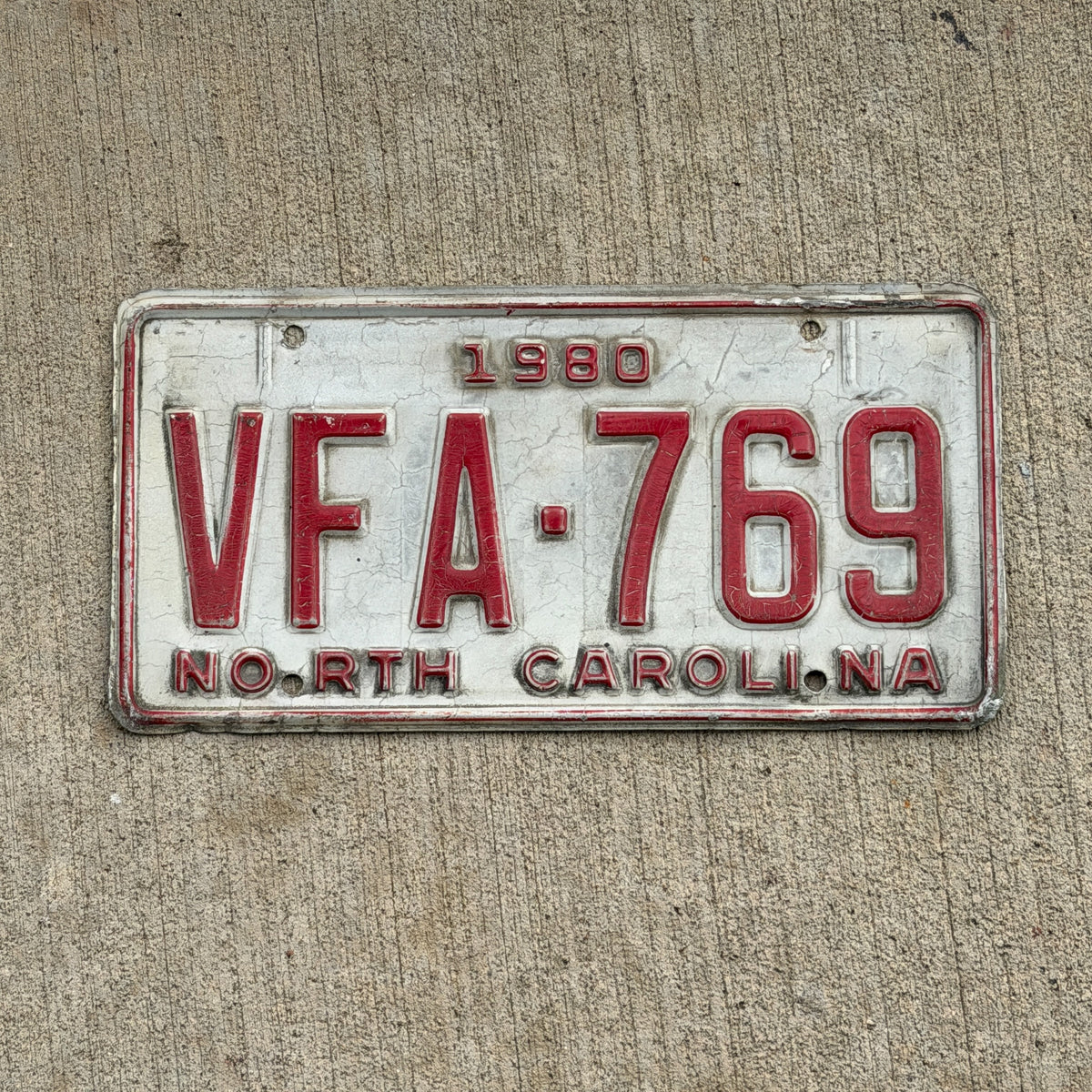 Photo of a 1980 North Carolina License Plate Auto Tag Garage Decor Vintage VFA 769 with original patina