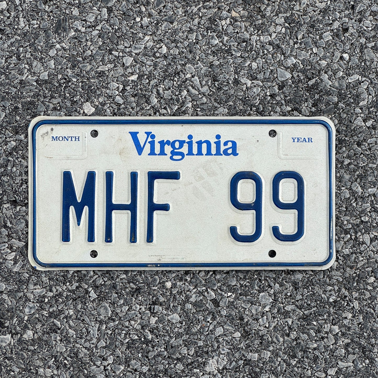 Photo of a 1980 Virginia Vanity License Plate Auto Tag 2 Garage Decor Initials Name MHF 99