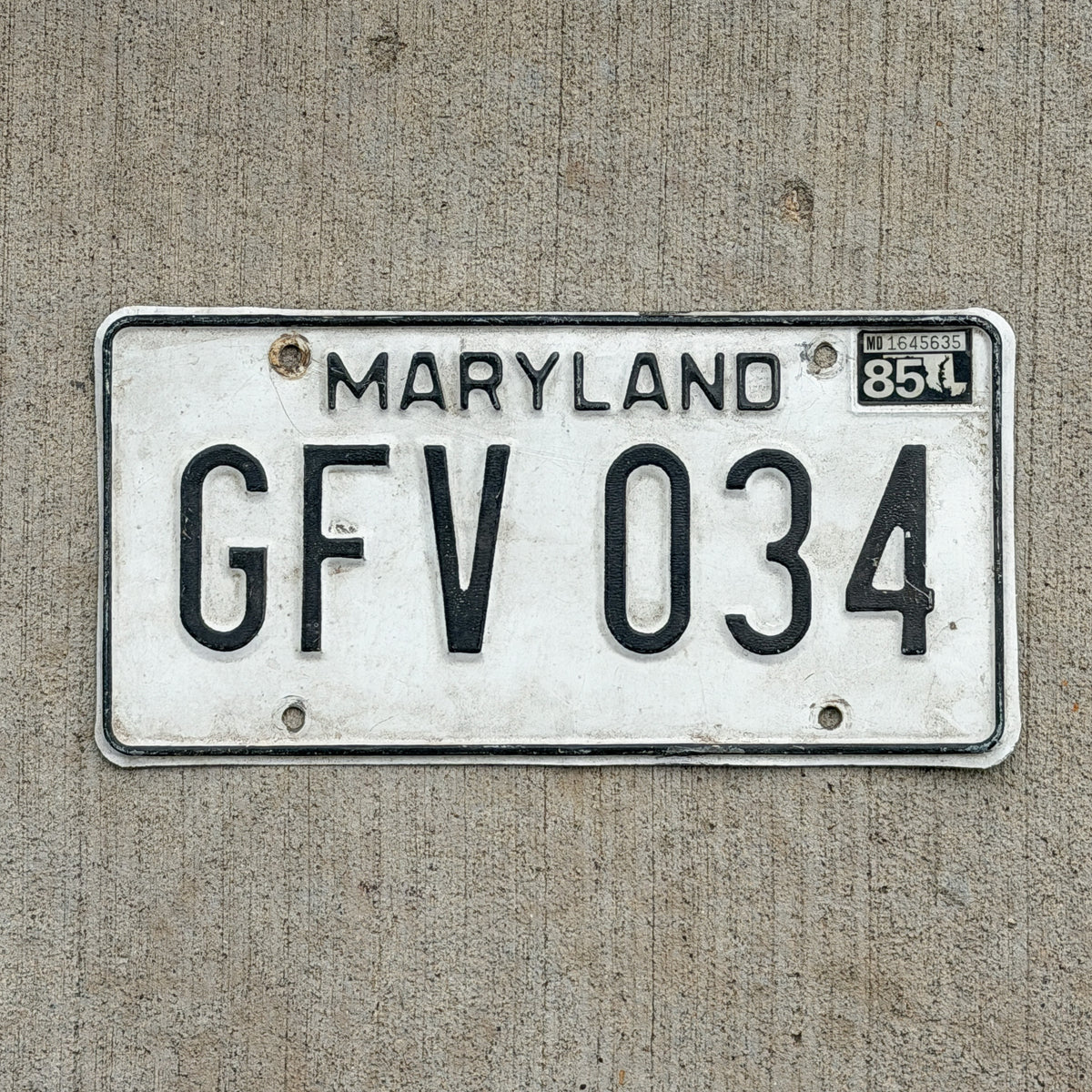 Photo of a 1981 1985 Maryland License Plate Auto Tag Garage Decor Vintage GFV 034 with original patina