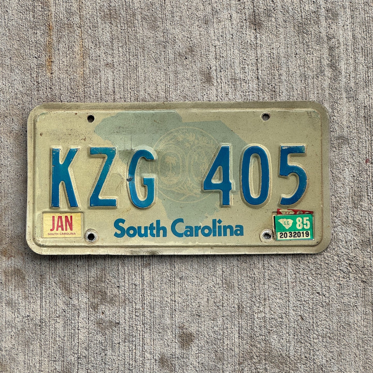 Photo of a 1981 1985 South Carolina License Plate Auto Tag Garage Decor Vintage KZG 405 with original patina