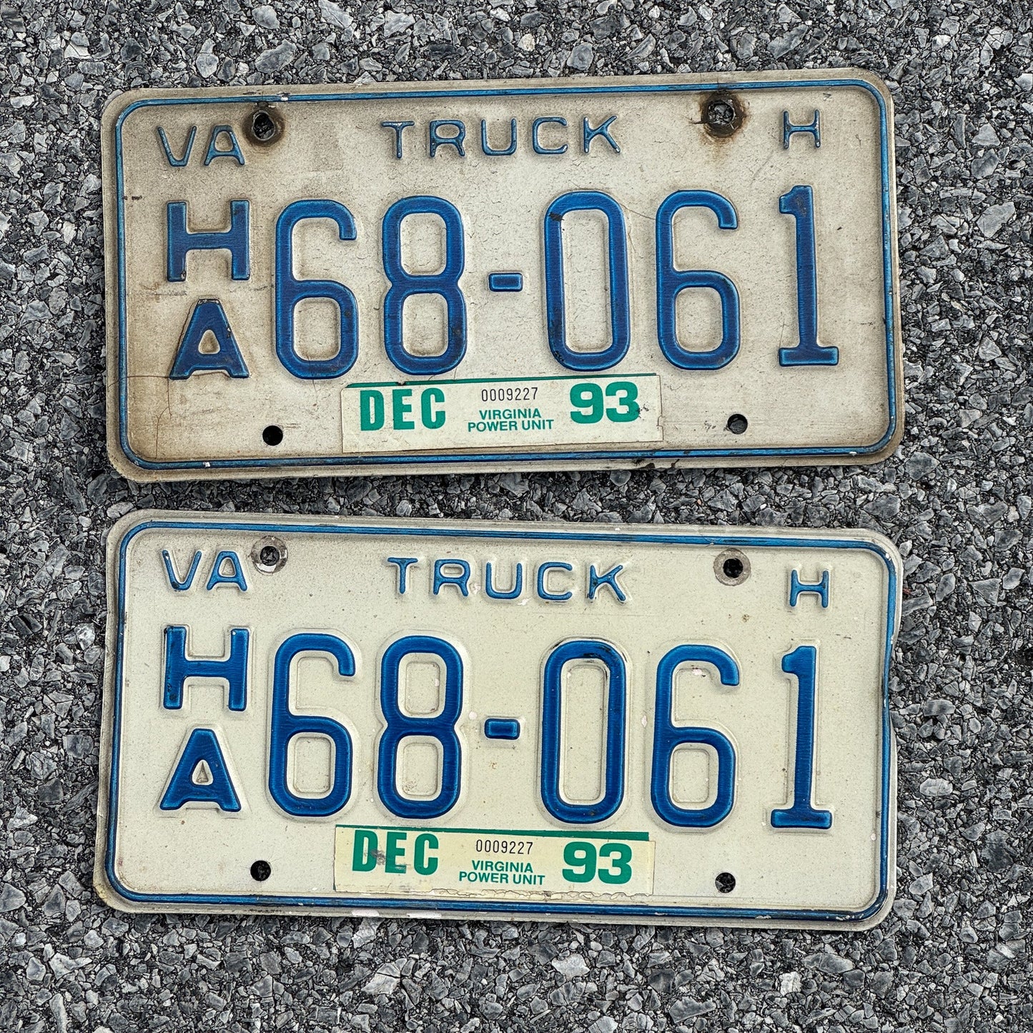 Photo of a 1981 1993 Virginia Truck for Hire License Plate Pair Auto Tag Garage Decor Vintage HA 68 061