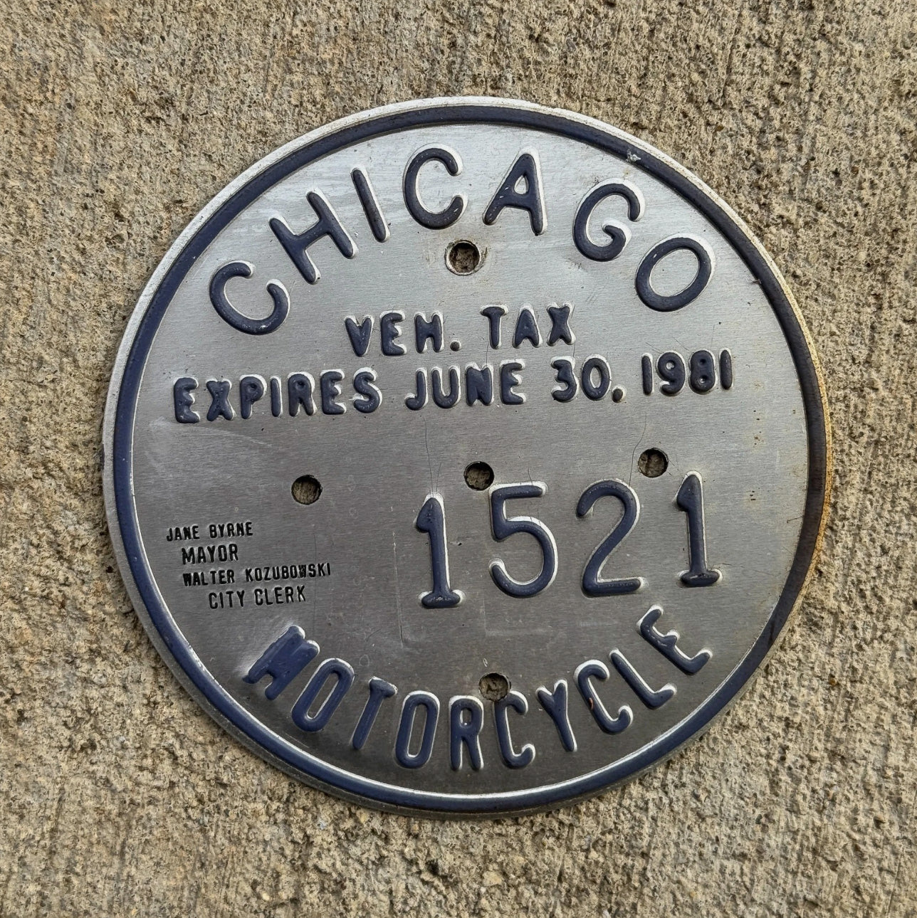 Photo of a 1981 Chicago MOTORCYCLE Tax Tag Disc Disk Medallion Auto Tag Garage Decor Vintage 1521