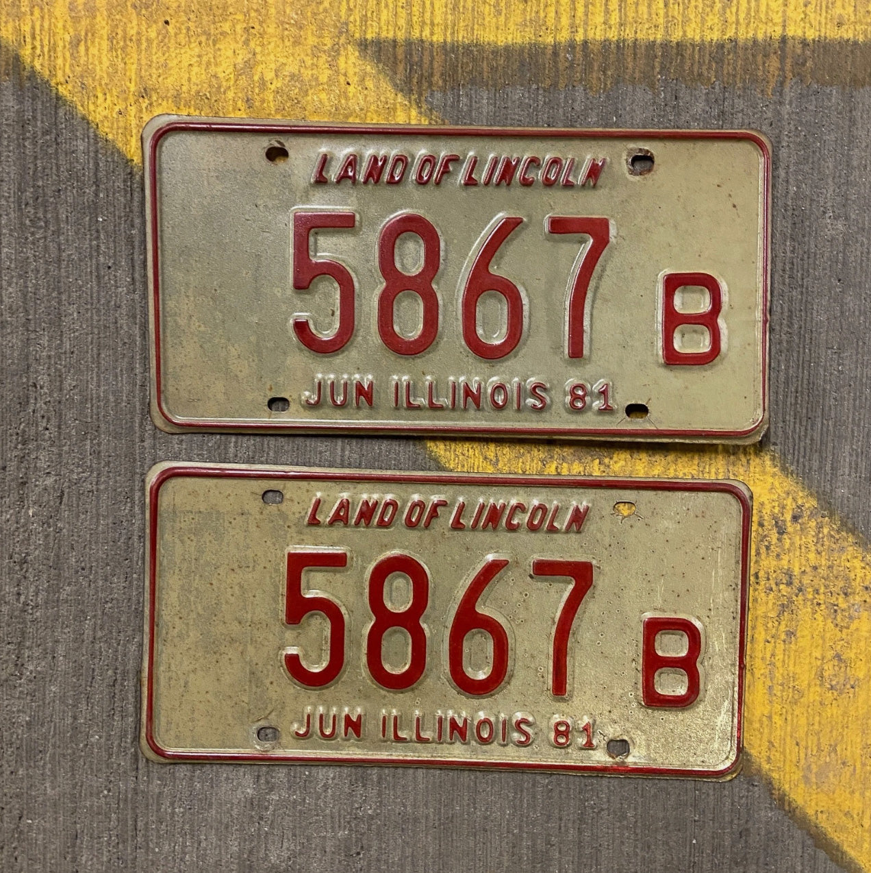 Photo of a 1981 Illinois Truck License Plate Pair Auto Tag Garage Decor Vintage 5867 B with original patina