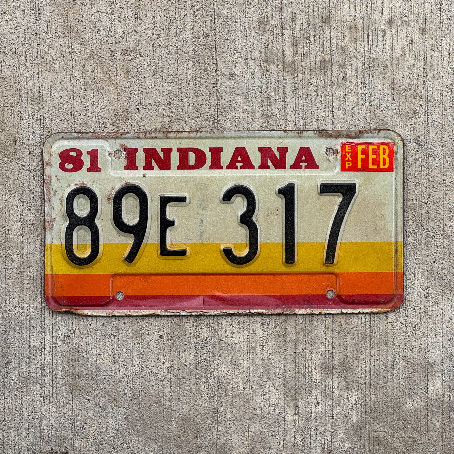 Photo of a 1981 Indiana License Plate Auto Tag Garage Decor Vintage 89 E 317 with original patina