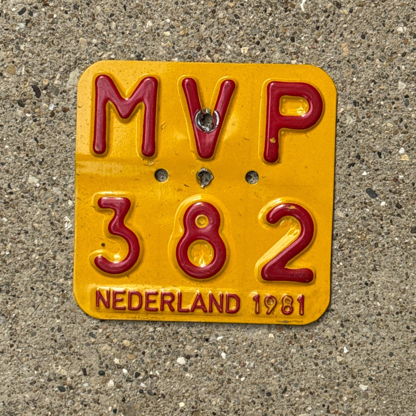 Photo of a 1981 Netherlands Moped License Plate Auto Tag Garage Decor Vintage MVP 382