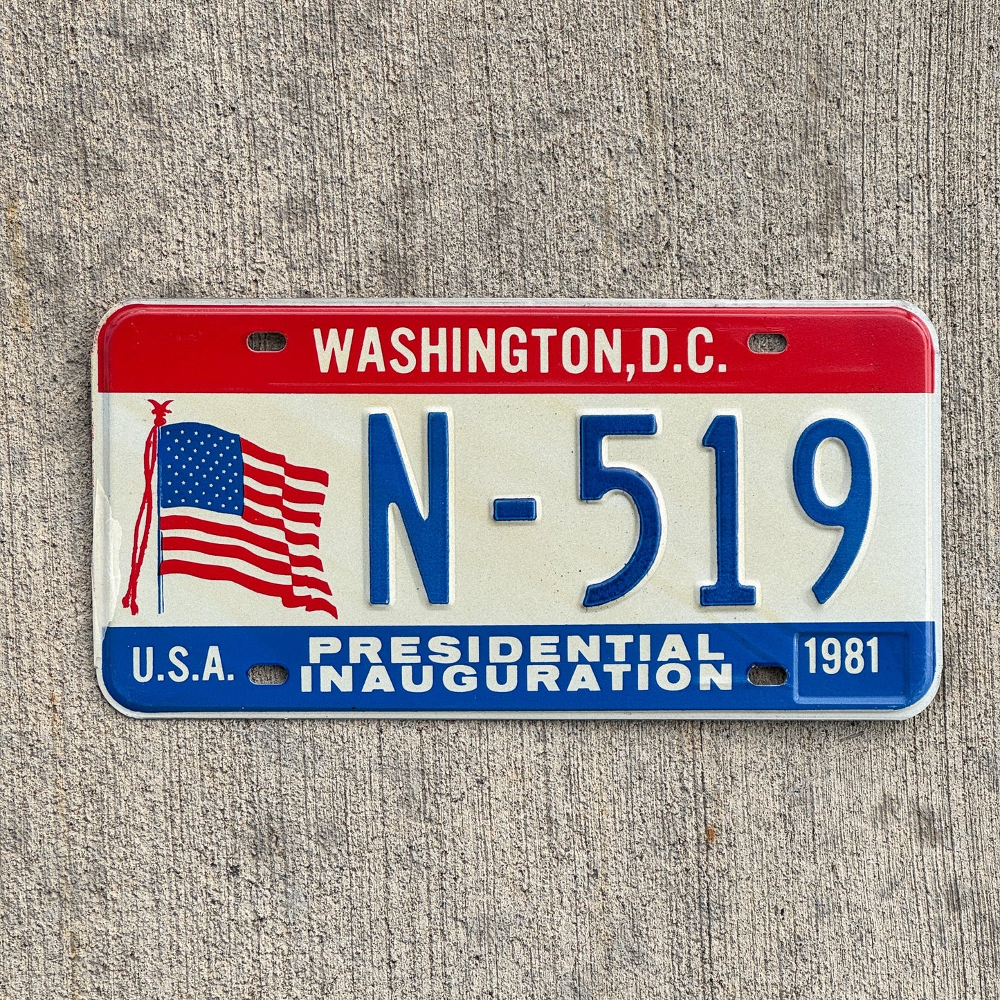 Photo of a 1981 Washington DC Inaugural License Plate Auto Tag Garage Decor Vintage Reagan Politics Political N 519 with original patina