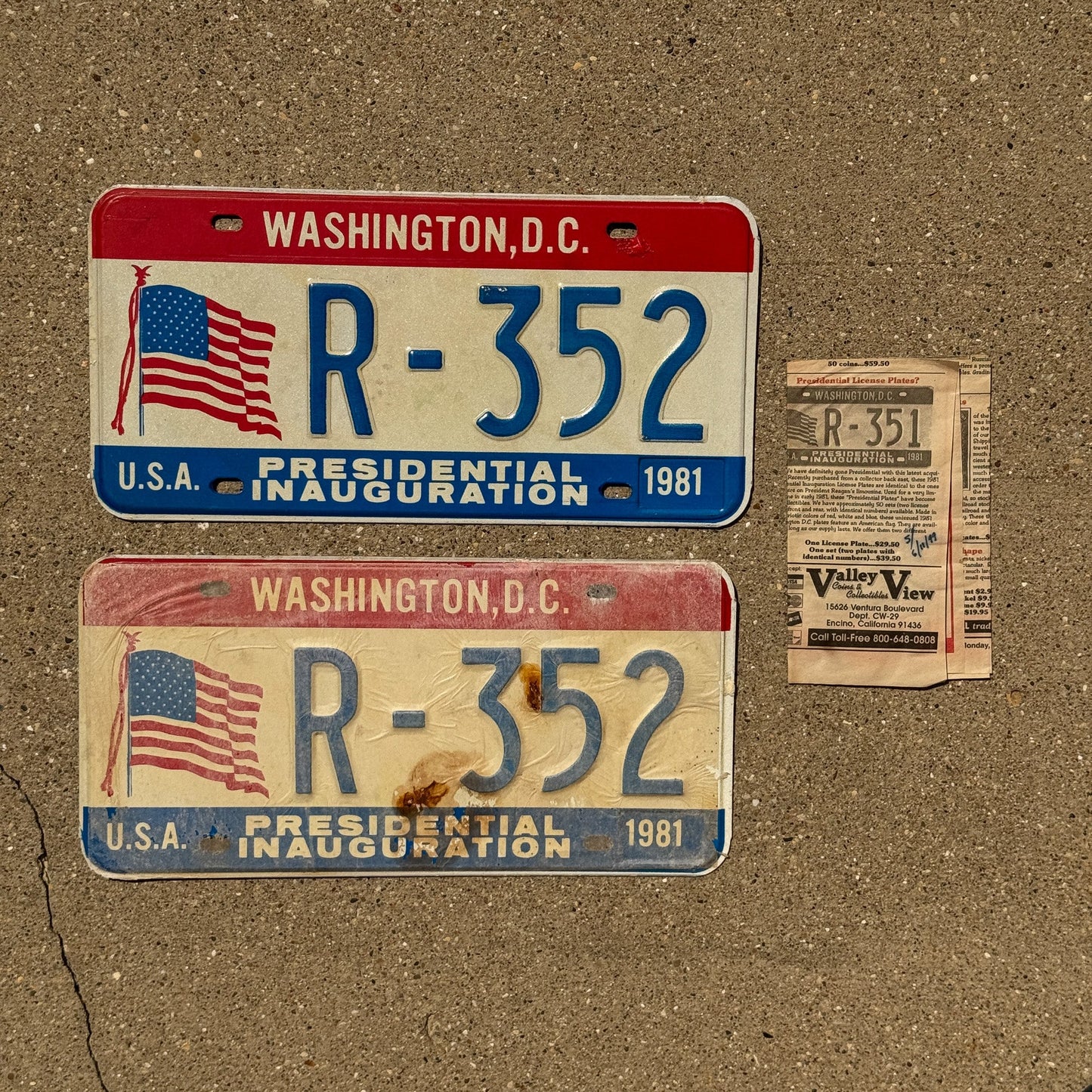 Photo of a 1981 Washington DC Inaugural License Plate Pair Auto Tag Garage Decor Vintage Reagan Inauguration with Provenance Clipping R 352
