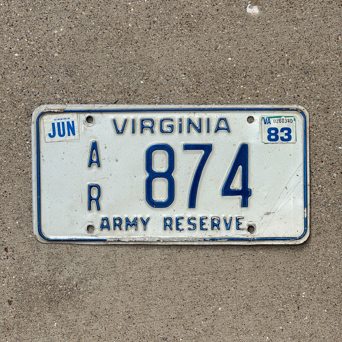 Photo of a 1982 1983 Virginia Army Reserve License Plate Auto Tag Garage Decor Vintage Military 874