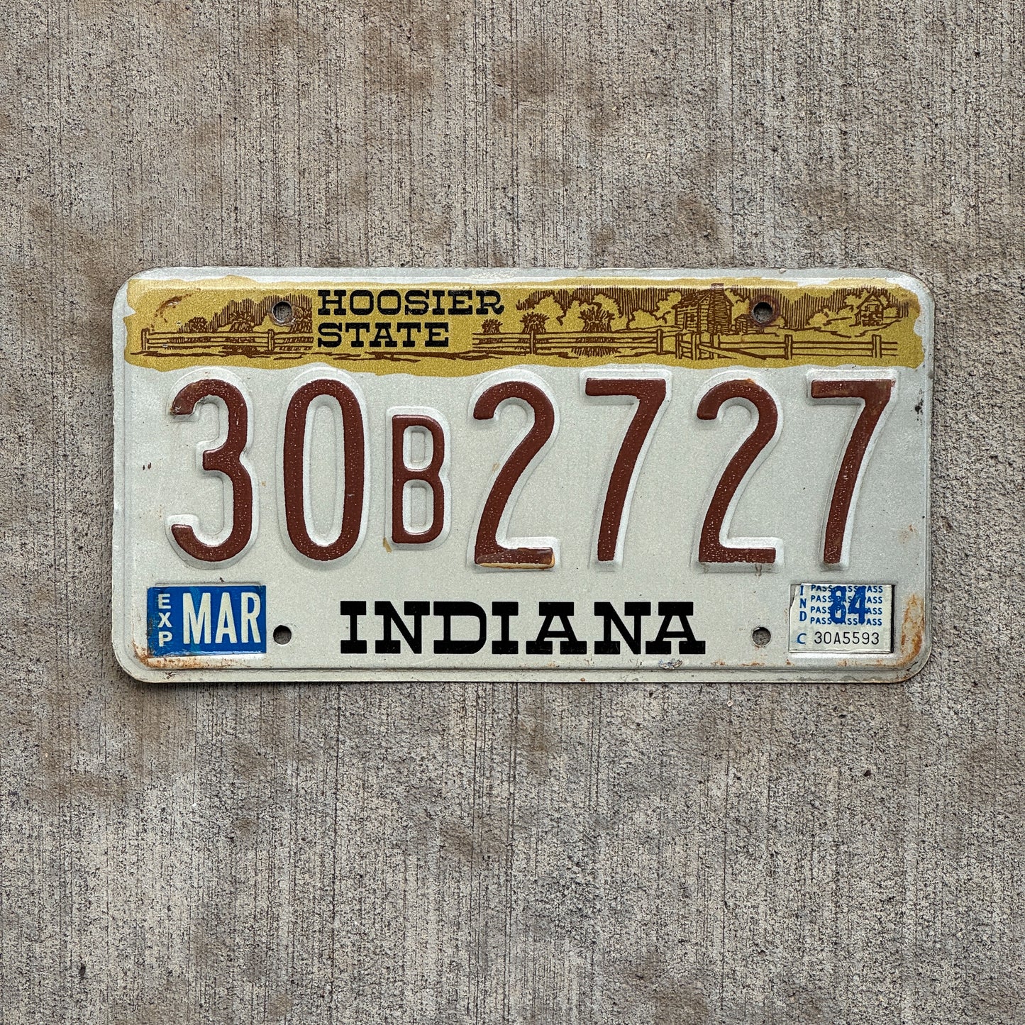 Photo of a 1982 1984 Indiana License Plate Auto Tag Garage Decor Vintage 30 B 2727 with original patina