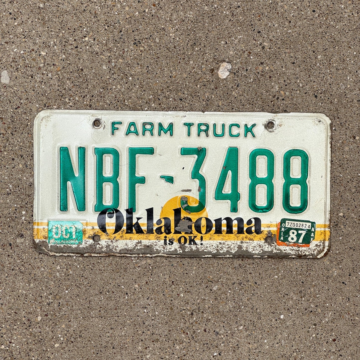 Photo of a 1982 1987 Oklahoma FARM TRUCK License Plate Auto Tag Garage Decor Vintage NBF 3488