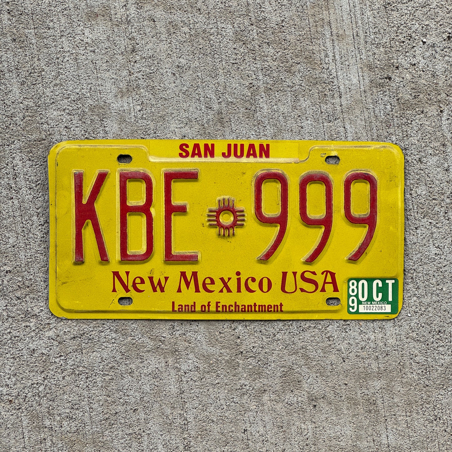 Photo of a 1982 1989 New Mexico License Plate Auto Tag Garage Decor Vintage Repeat Repeating KBE 999 with original patina