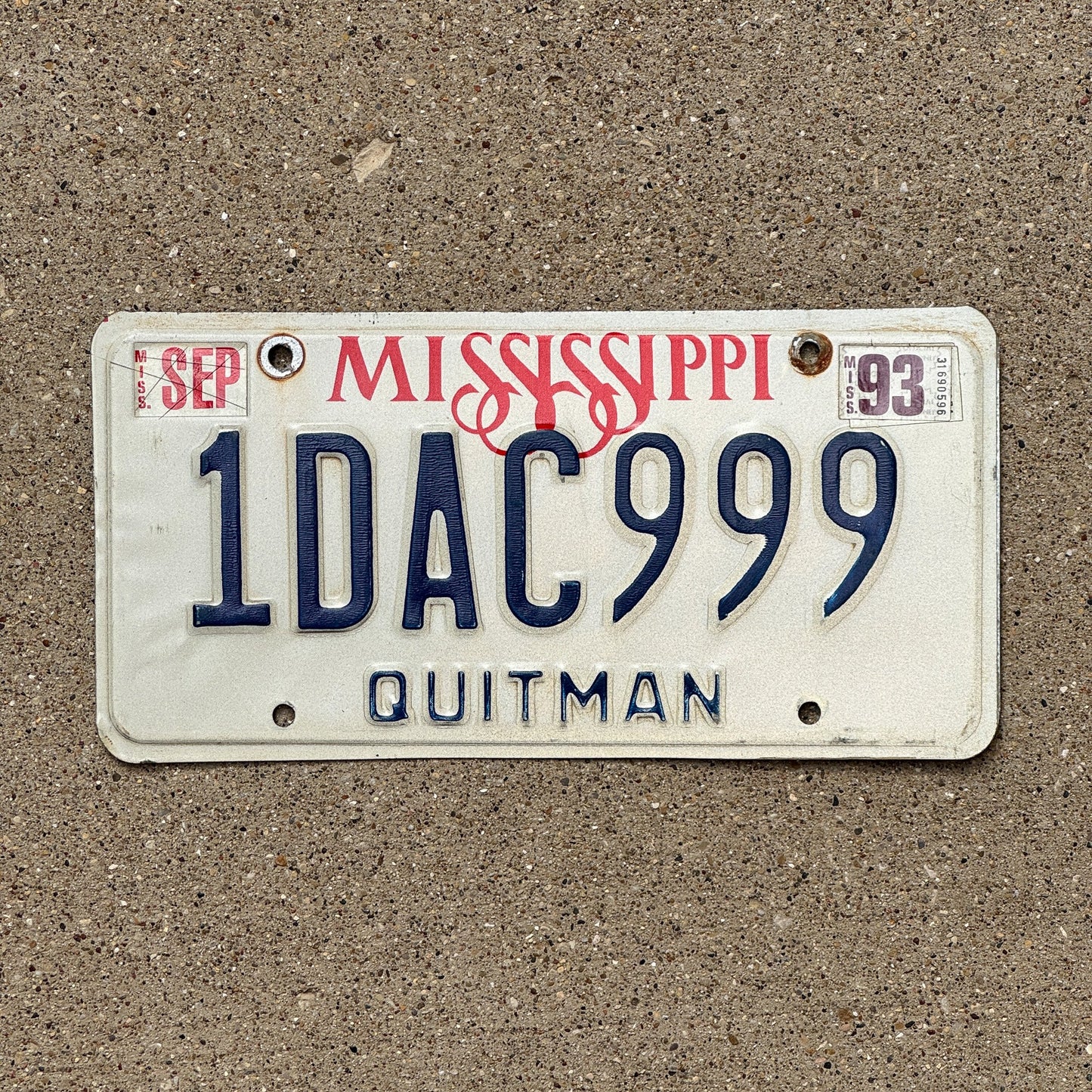Photo of a 1982 1993 Mississippi License Plate Auto Tag Garage Decor Vintage Repeat Repeating 1 DAC 999
