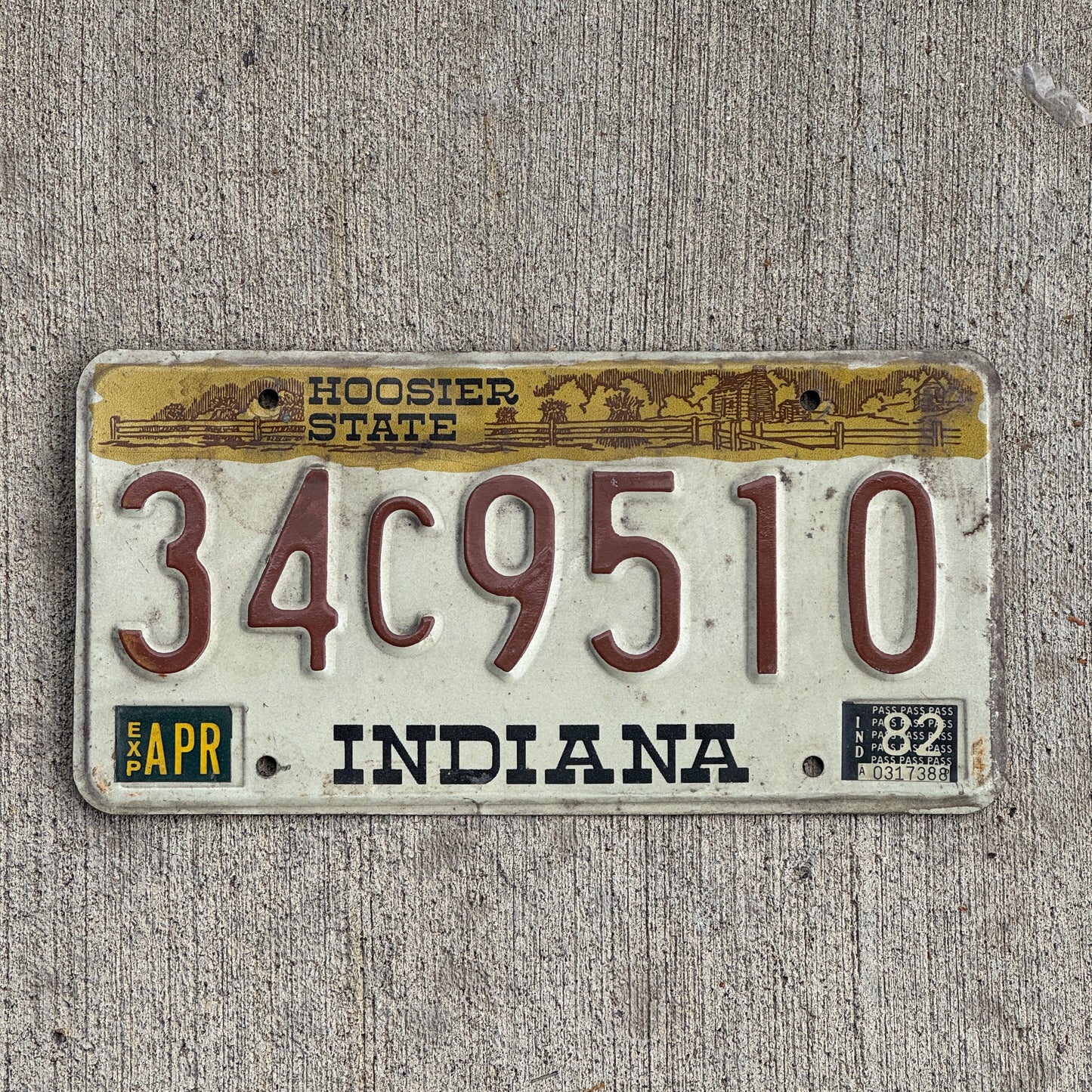 Photo of a 1982 Indiana License Plate Auto Tag Garage Decor Vintage 34 C 9510 with original patina