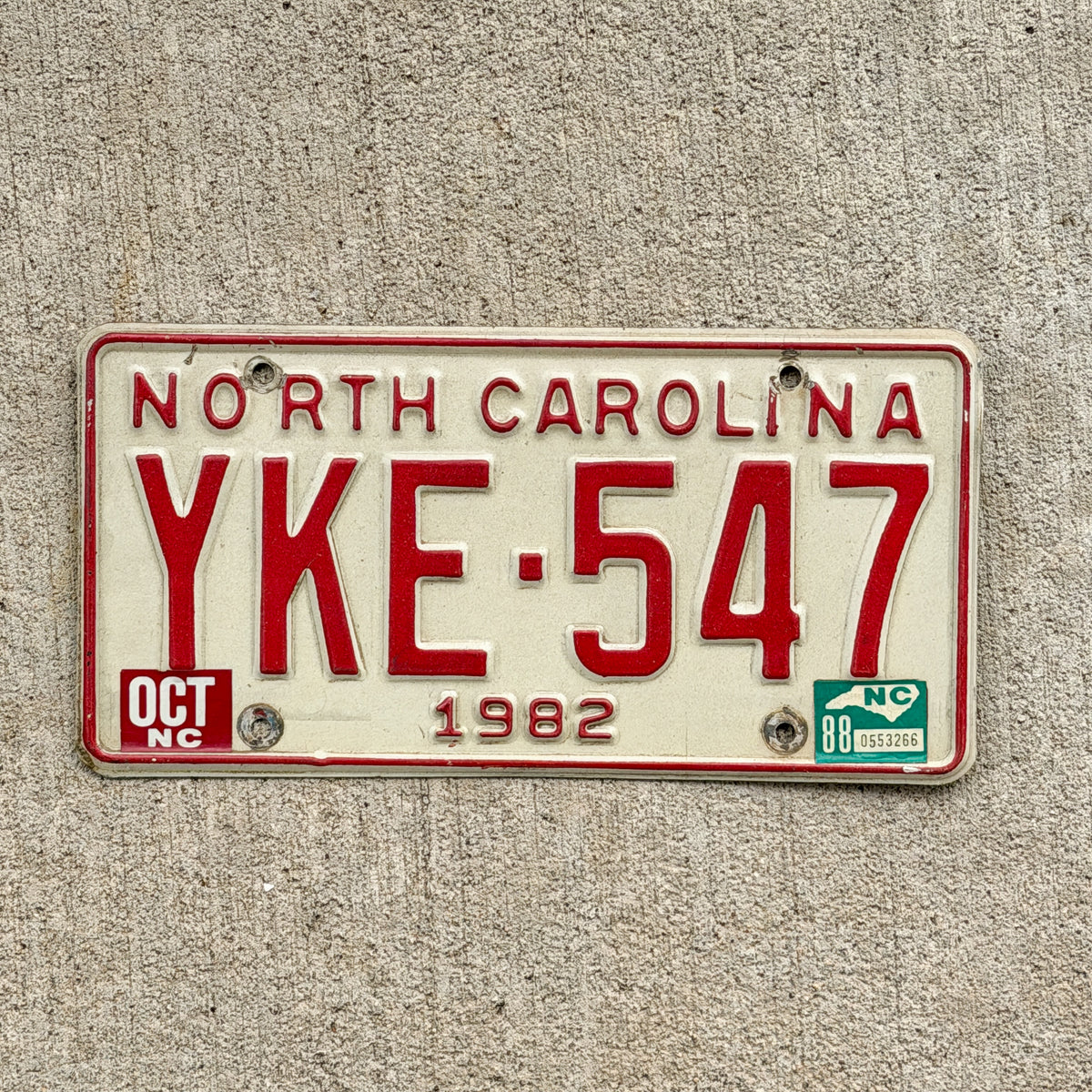 Photo of a 1982 North Carolina License Plate Auto Tag Garage Decor Vintage YKE 547 with original patina