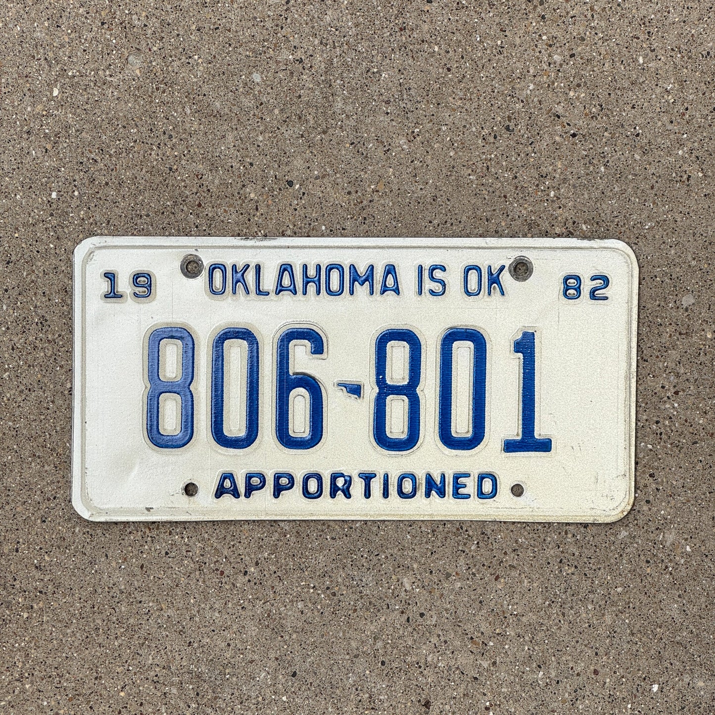 Photo of a 1982 Oklahoma Apportioned License Plate Auto Tag Garage Decor Vintage 806 801