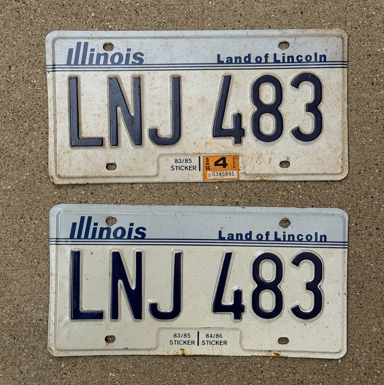 Photo of a 1983 1986 Illinois License Plate Pair Auto Tag Garage Decor Vintage LNJ 483