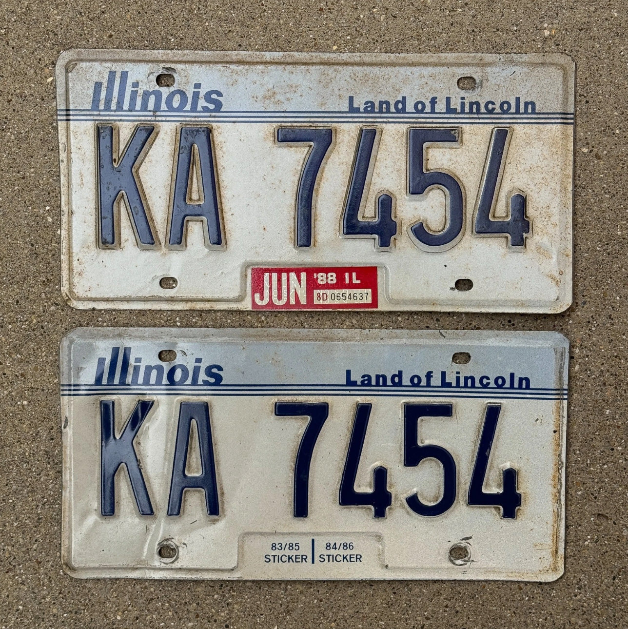 Photo of a 1983 1988 Illinois License Plate Pair Auto Tag Garage Decor Vintage KA 7454