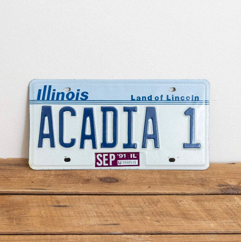 Photo of a 1983 1991 Illinois Vanity License Plate Auto Tag Garage Decor Vintage National Park Maine ACADIA 1 with original patina