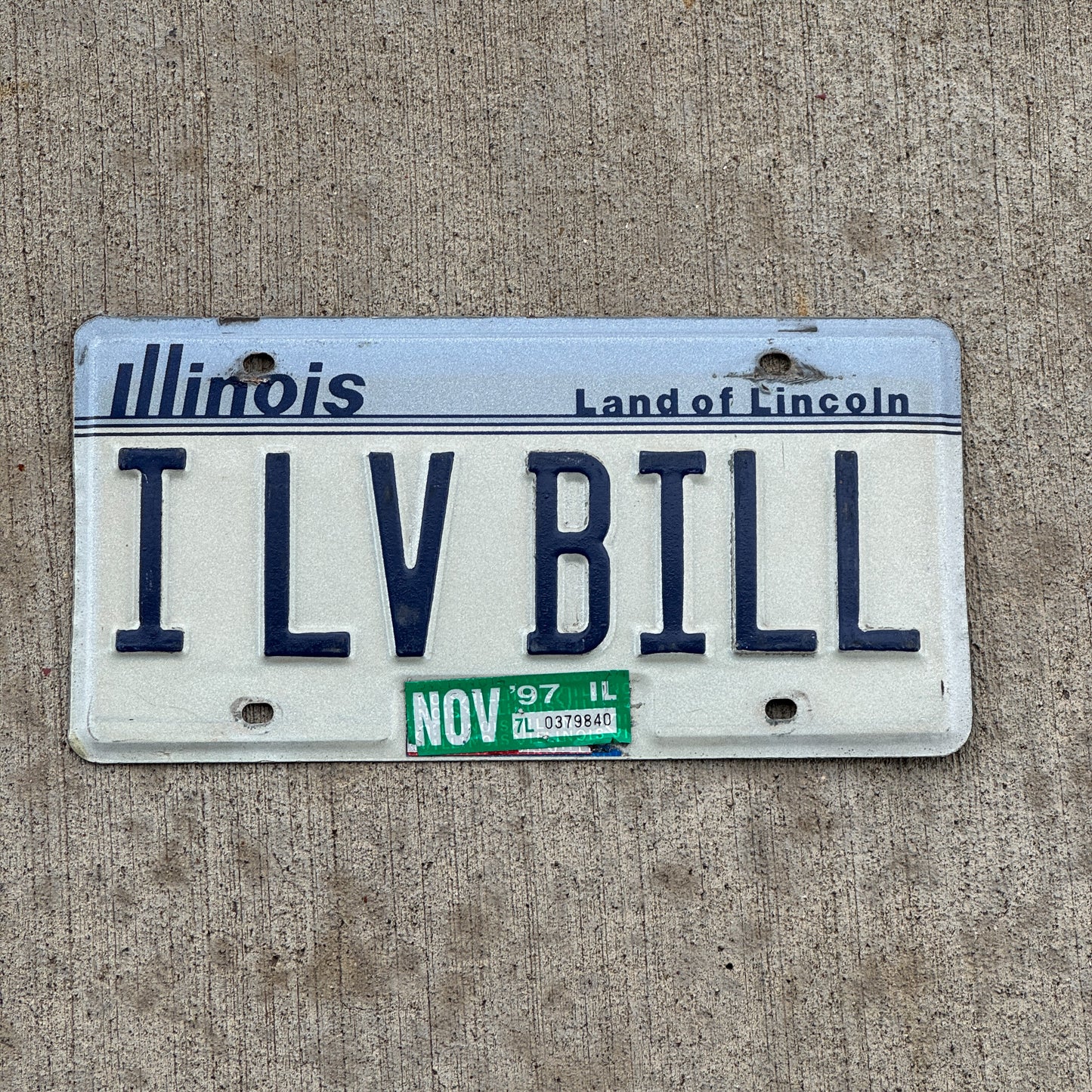 Photo of a 1983 1997 Illinois Vanity License Plate Auto Tag Garage Decor Vintage Love William I LV BILL with original patina