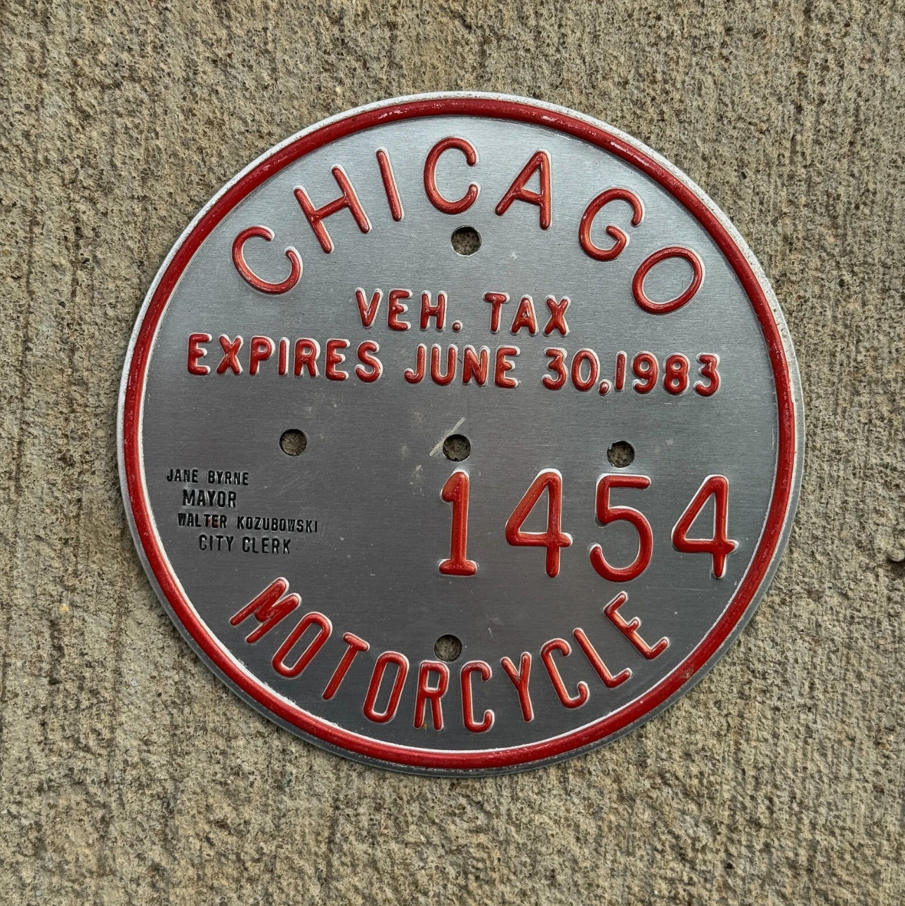 Photo of a 1983 Chicago MOTORCYCLE Tax Tag Disc Disk Medallion Auto Tag Garage Decor Vintage 1454