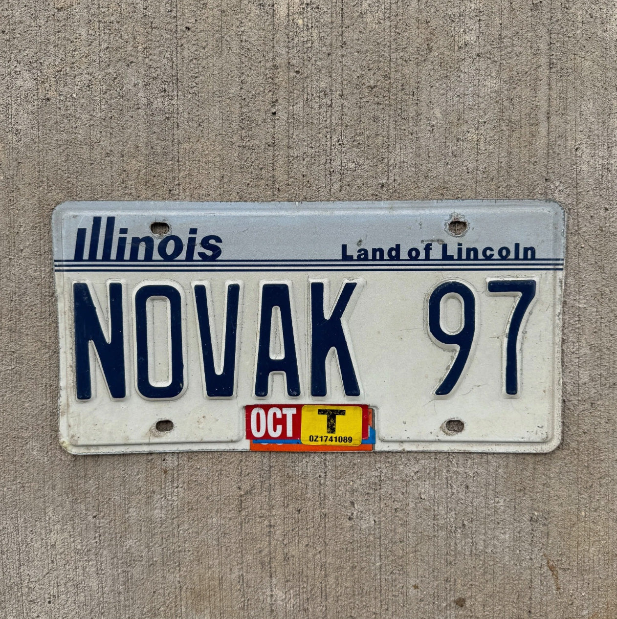 Photo of a 1983 Illinois Vanity License Plate Auto Tag Garage Decor Vintage Last Name 1997 NOVAK 97