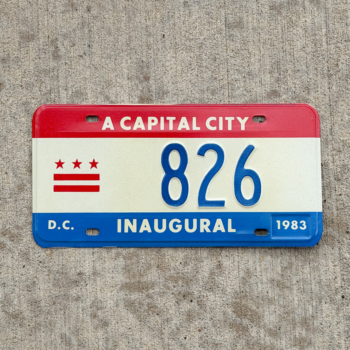 Photo of a 1983 Washington DC Inaugural License Plate Auto Tag 1 Vintage Garage Mayor Mayoral Election Marion Barry 826 with original patina