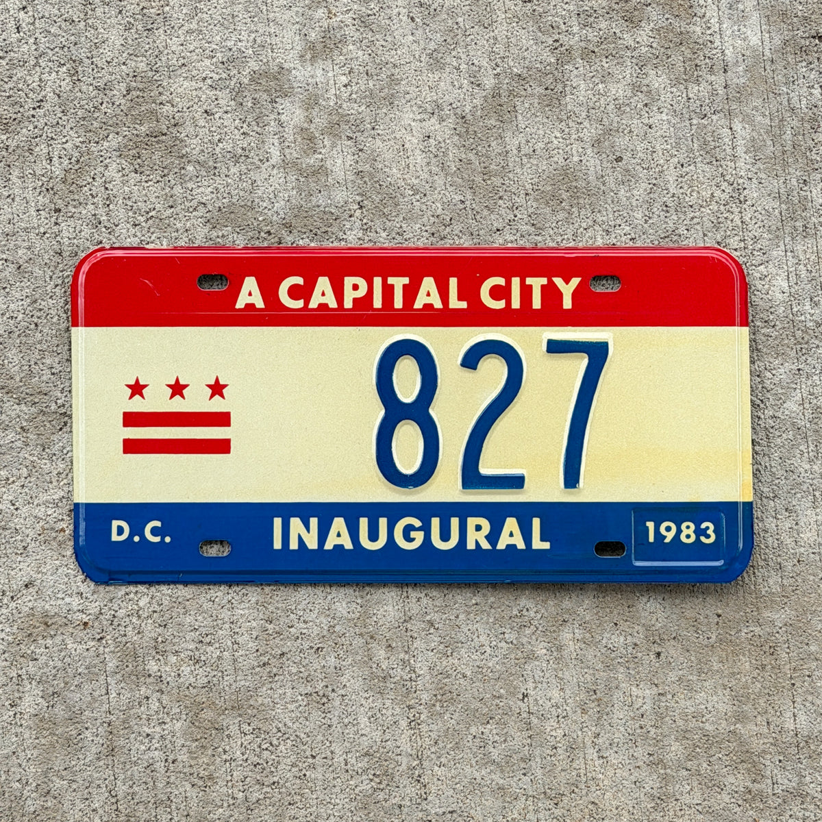 Photo of a 1983 Washington DC Inaugural License Plate Auto Tag 1 Vintage Garage Mayor Mayoral Election Marion Barry 827 with original patina