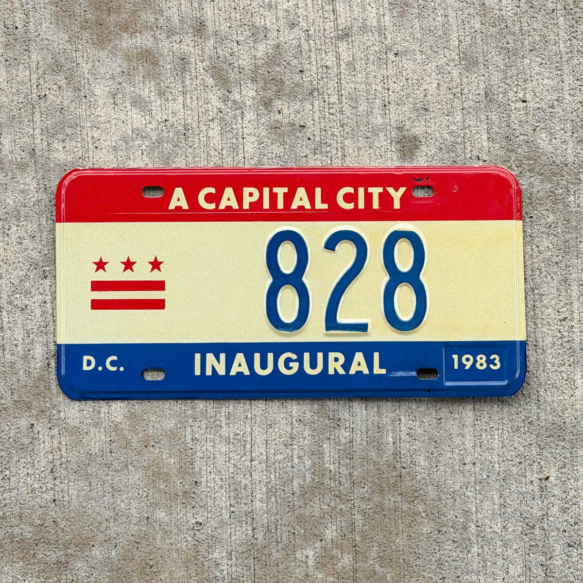 Photo of a 1983 Washington DC Inaugural License Plate Auto Tag 1 Vintage Garage Mayor Mayoral Election Marion Barry 828 with original patina