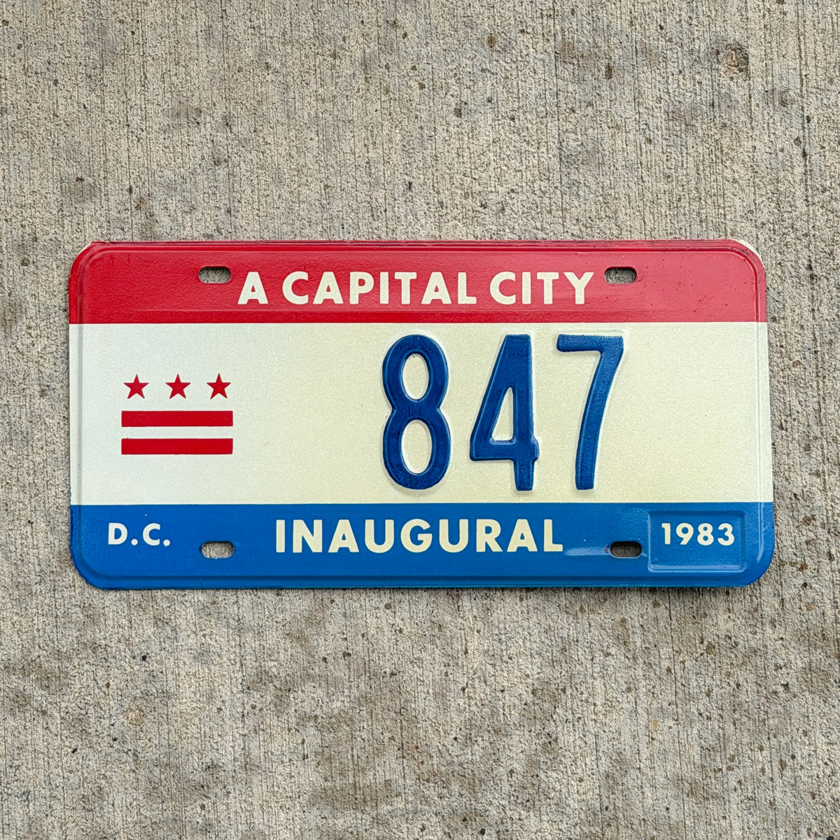 Photo of a 1983 Washington DC Inaugural License Plate Auto Tag 1 Vintage Garage Mayor Mayoral Election Marion Barry 847 with original patina