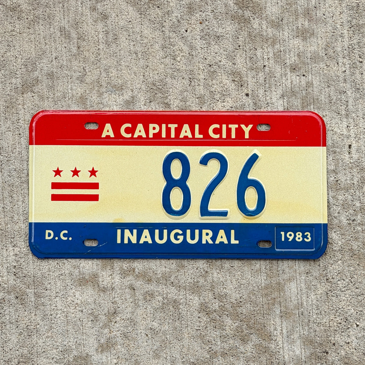 Photo of a 1983 Washington DC Inaugural License Plate Auto Tag 2 Vintage Garage Mayor Mayoral Election Marion Barry 826 with original patina