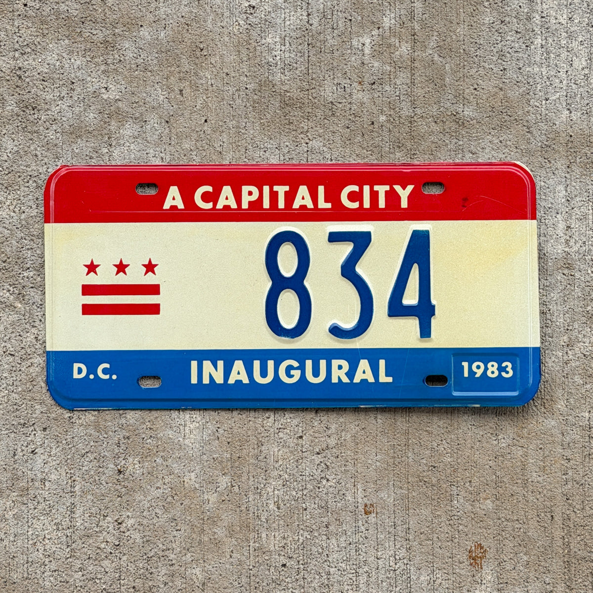 Photo of a 1983 Washington DC Inaugural License Plate Auto Tag 2 Vintage Garage Mayor Mayoral Election Marion Barry 834 with original patina