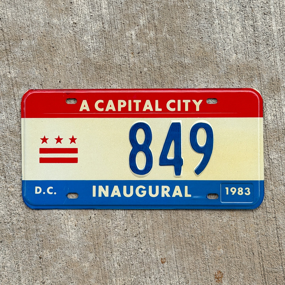 Photo of a 1983 Washington DC Inaugural License Plate Auto Tag 2 Vintage Garage Mayor Mayoral Election Marion Barry 849 with original patina