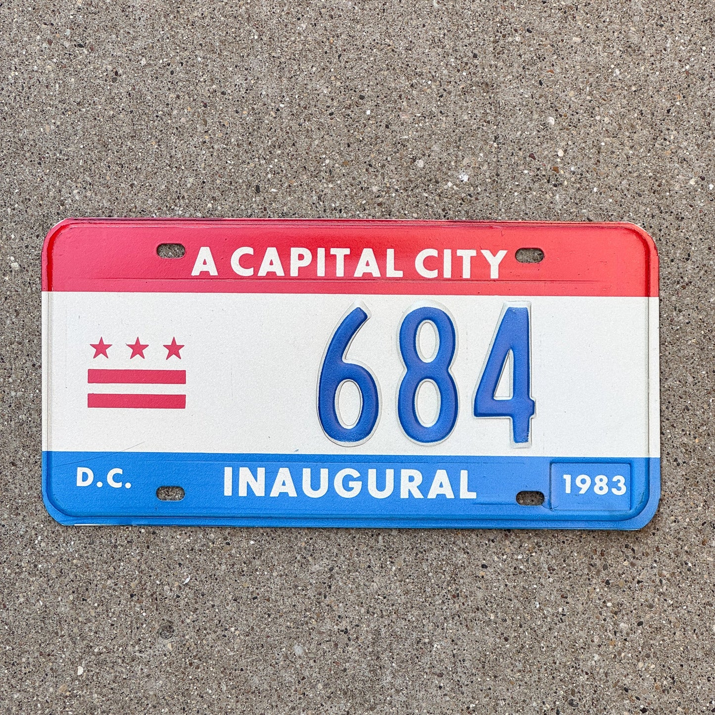 Photo of a 1983 Washington DC Mayor Inaugural License Plate Auto Tag 1 Garage Decor Politics Political Low Number Three Digit 684 with original patina