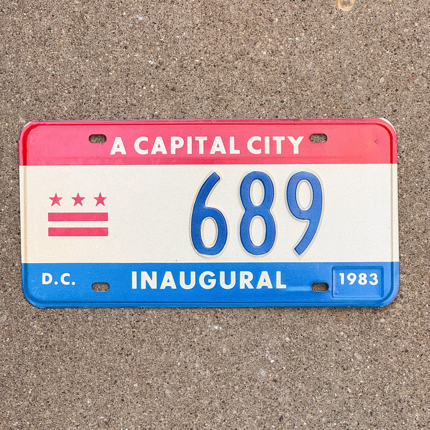 Photo of a 1983 Washington DC Mayor Inaugural License Plate Auto Tag 1 Garage Decor Politics Political Low Number Three Digit 689 with original patina