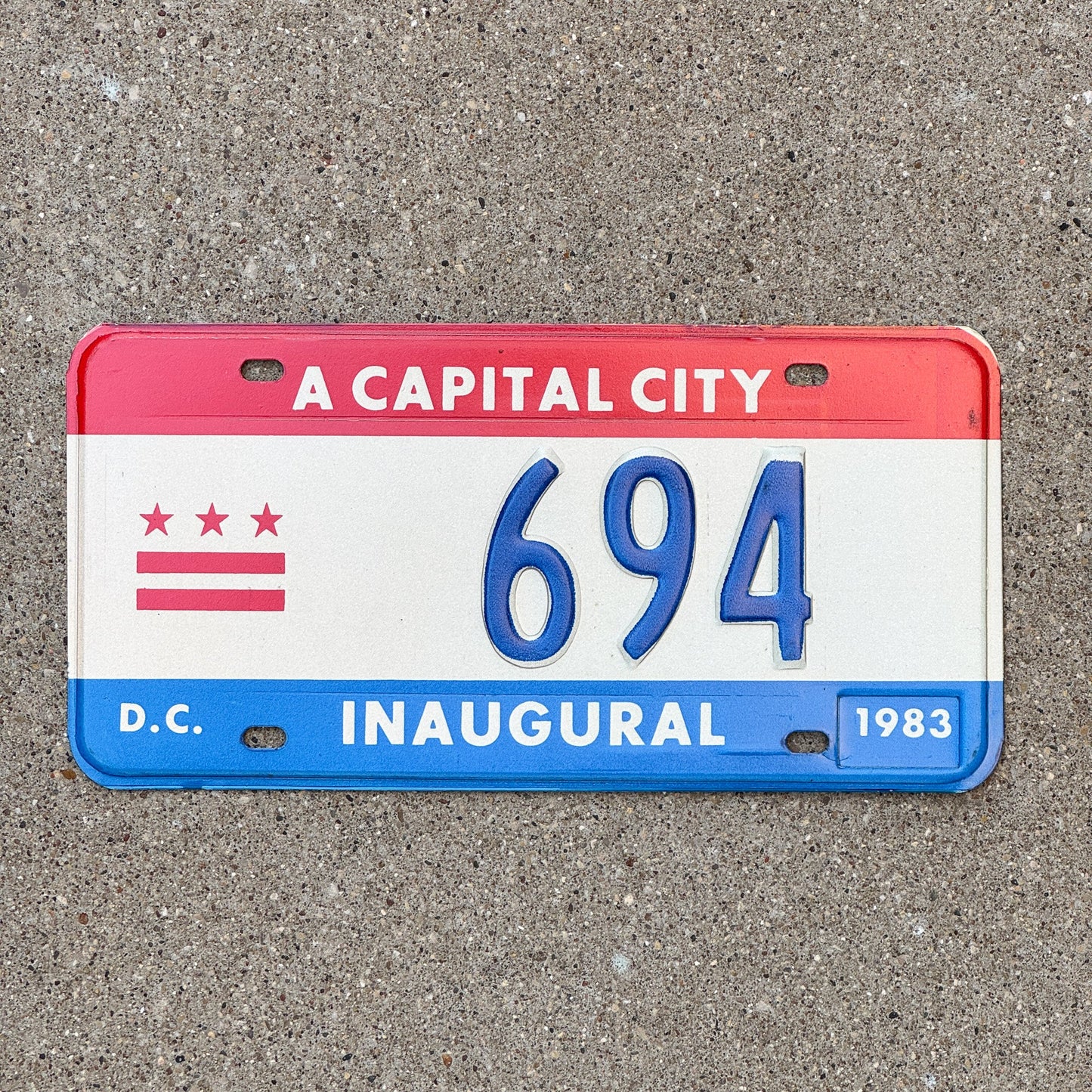 Photo of a 1983 Washington DC Mayor Inaugural License Plate Auto Tag 1 Garage Decor Politics Political Low Number Three Digit 694 with original patina