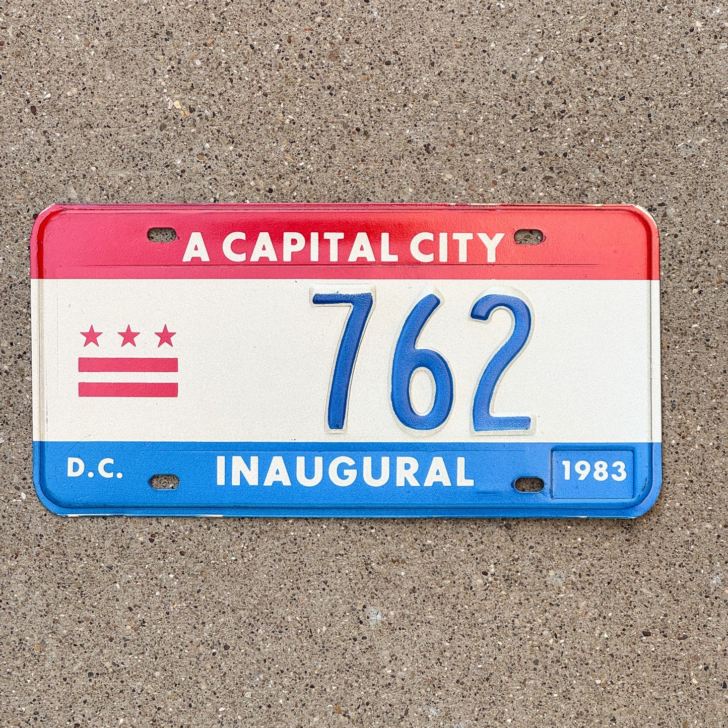Photo of a 1983 Washington DC Mayor Inaugural License Plate Auto Tag 1 Garage Decor Politics Political Low Number Three Digit 762 with original patina